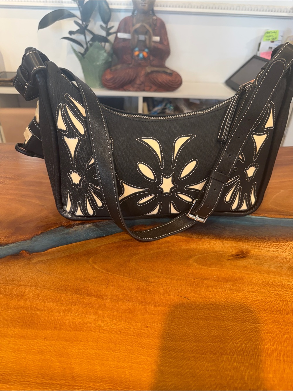 Desigual Black Shoulder Bag with Cream Floral Cutouts